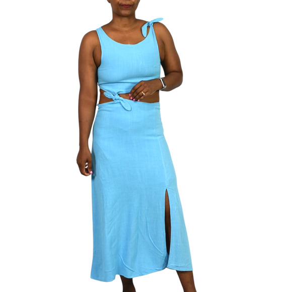 Sundays Tie Shoulder Midi Dress Blue Cutouts Midriff Hemp Slit Two Piece Small - Picture 9 of 12